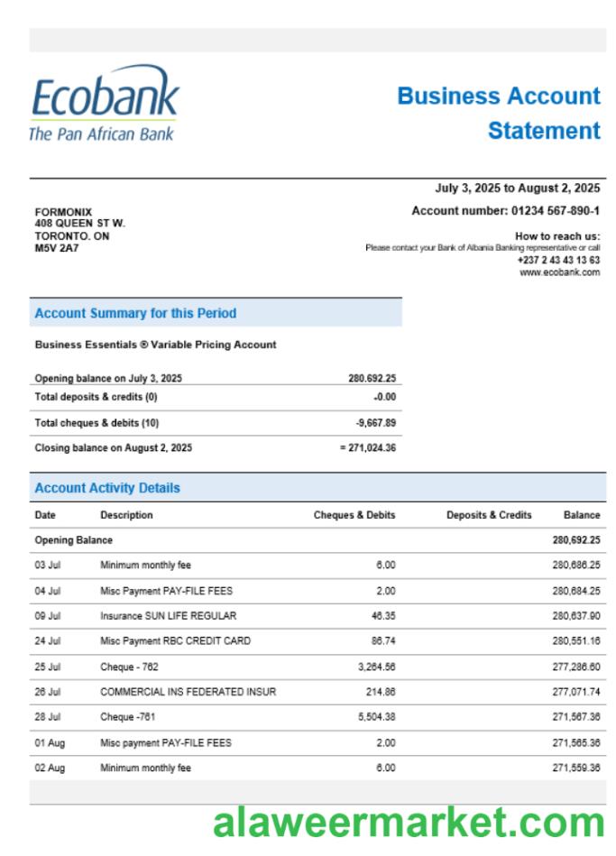 Ecobank organization checking account statement Word and PDF format